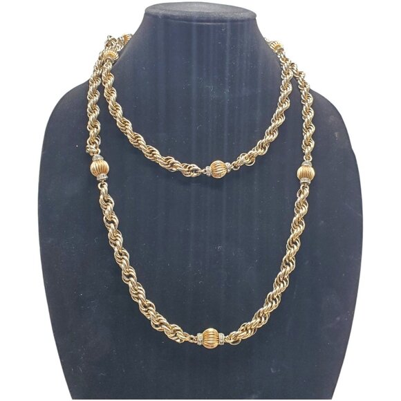 Vtg Signed Eisenberg Gold Tone Necklace Twist Chain Rhinestone Beads 50" Chunky - Picture 2 of 11